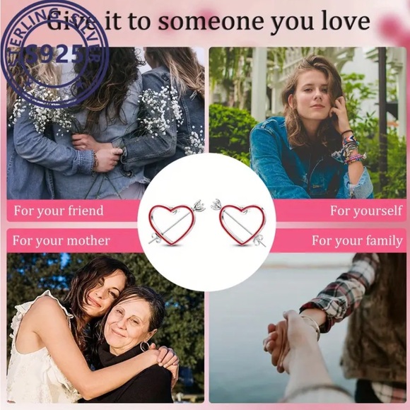 Sterling Silver Red Heart Arrow Stud Earrings - Picture 4 of 5